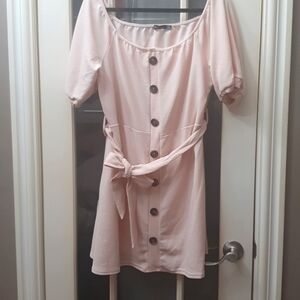 Blush pink off shoulder dress with fabric belt